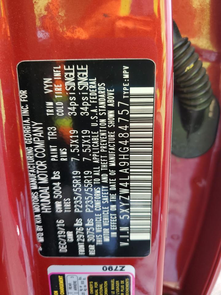 2017 Hyundai Santa Fe VIN 5XYZW4LA9HG484757 Copart auction photo, rear end damage thumbnail 13