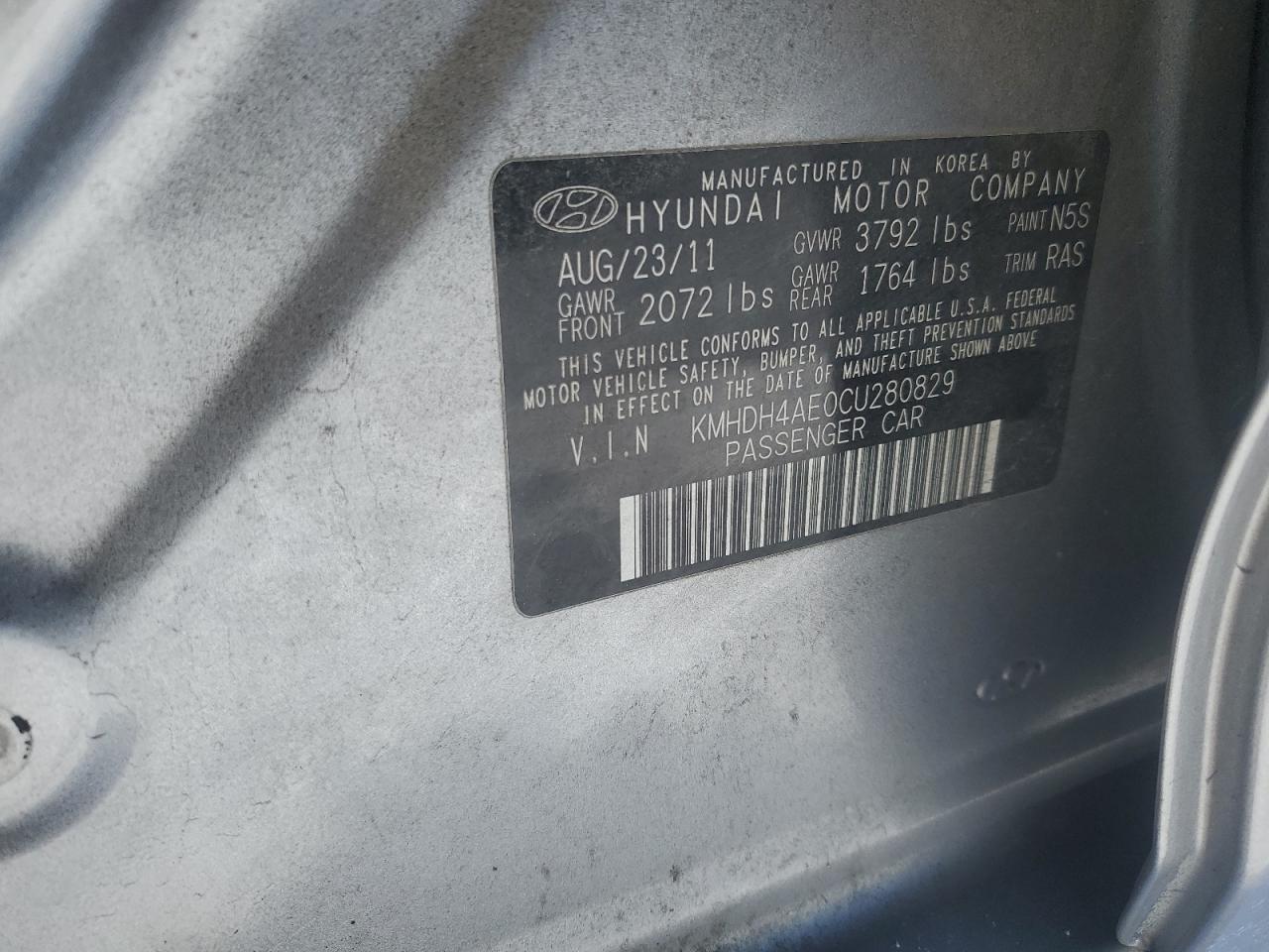 2012 Hyundai Elantra VIN KMHDH4AE0CU280829 Copart auction photo, front end damage thumbnail 14