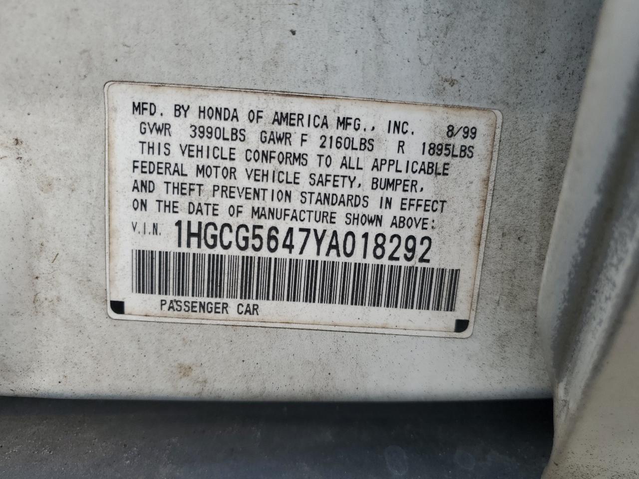 2000 Honda Accord VIN 1HGCG5647YA018292 Copart auction photo, front end damage thumbnail 13