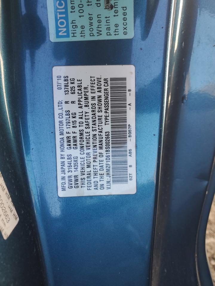 2011 Honda CR-Z VIN JHMZF1D61BS002663 Copart auction photo, all over / undercarriage damage thumbnail 13