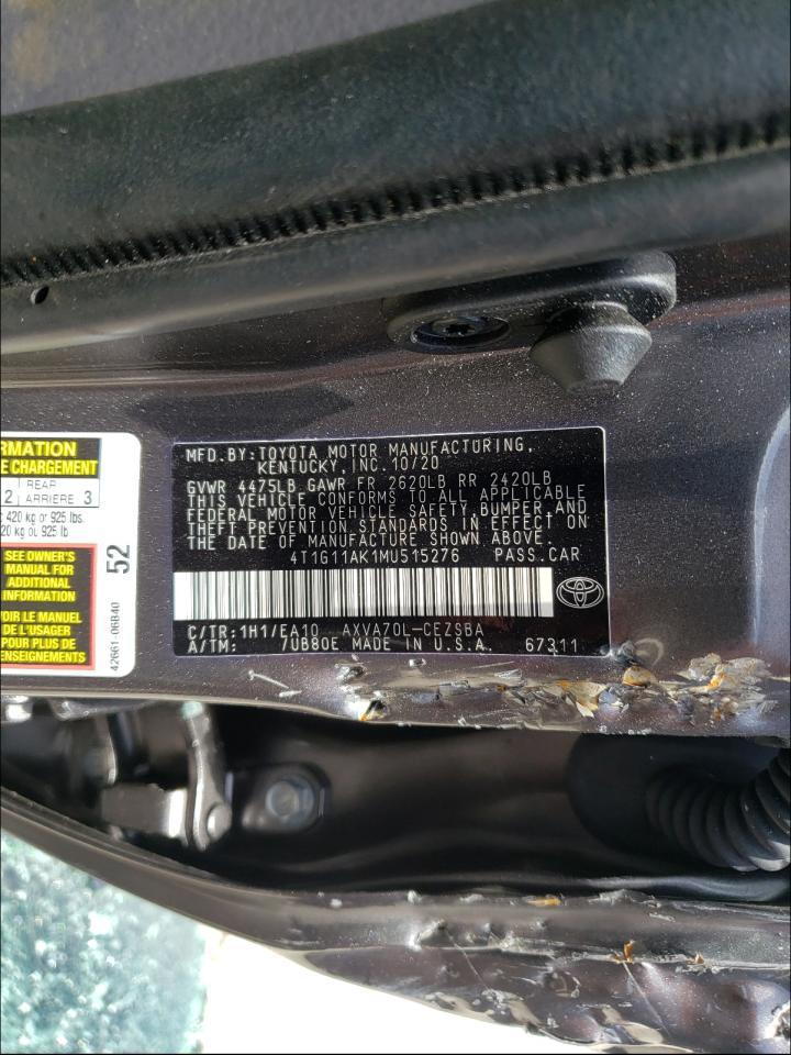 2021 Toyota Camry VIN 4T1G11AK1MU515276 Copart auction photo, front end / side damage thumbnail 10