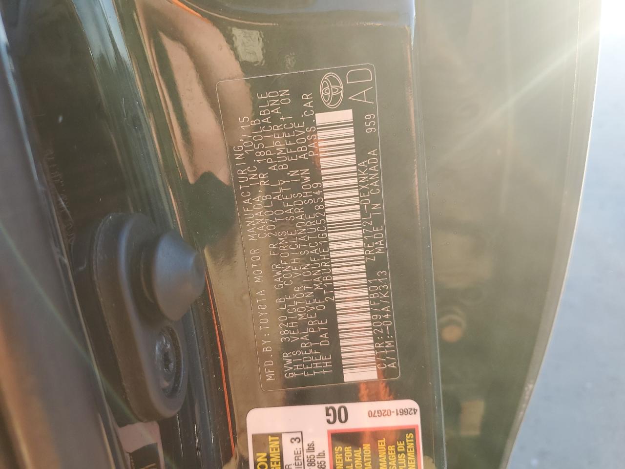 2016 Toyota Corolla VIN 2T1BURHE1GC528549 Copart auction photo, front end damage thumbnail 12