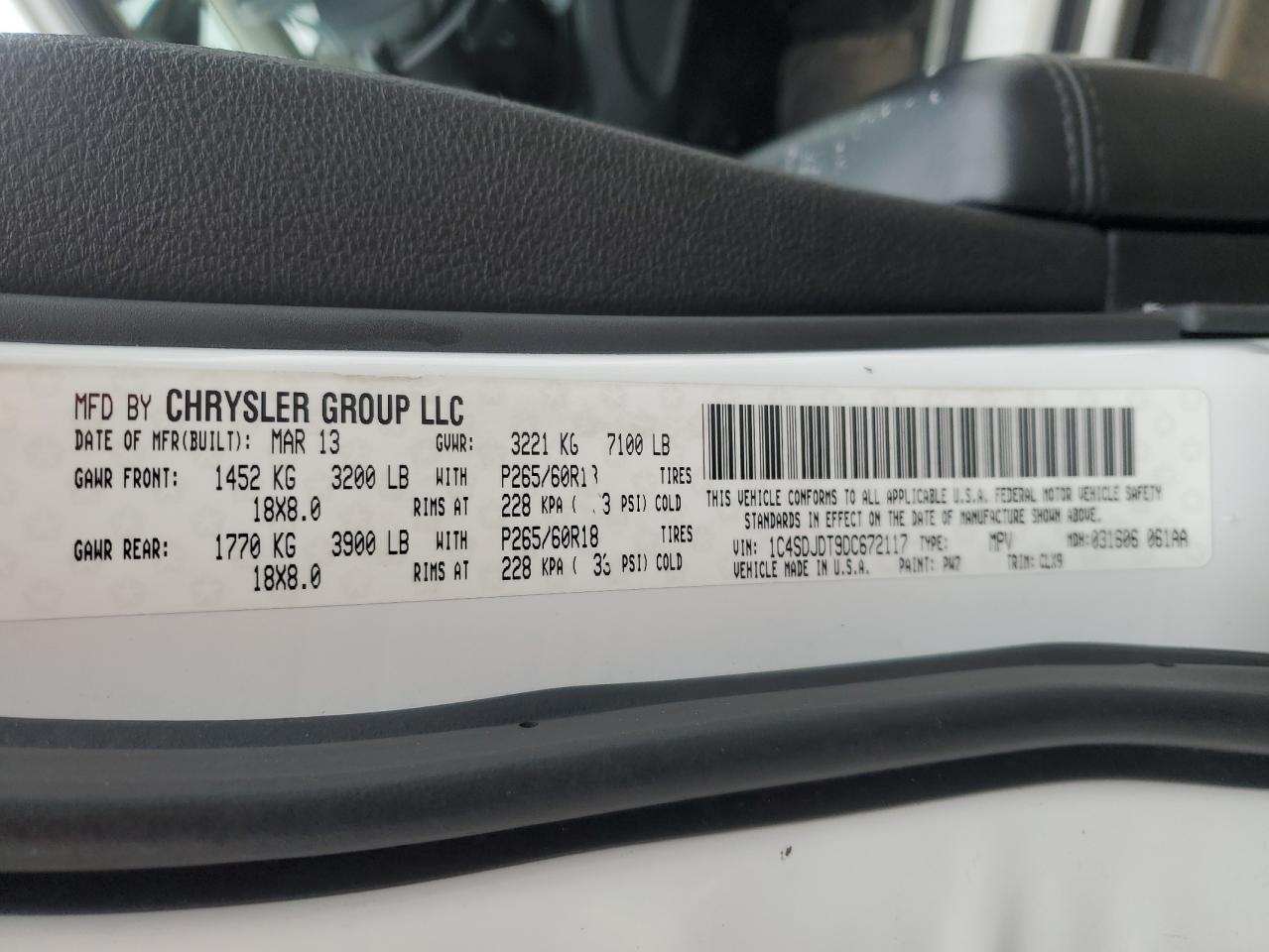 2013 Dodge Durango VIN 1C4SDJDT9DC672117 Copart auction photo, side / minor dent/scratches damage thumbnail 13