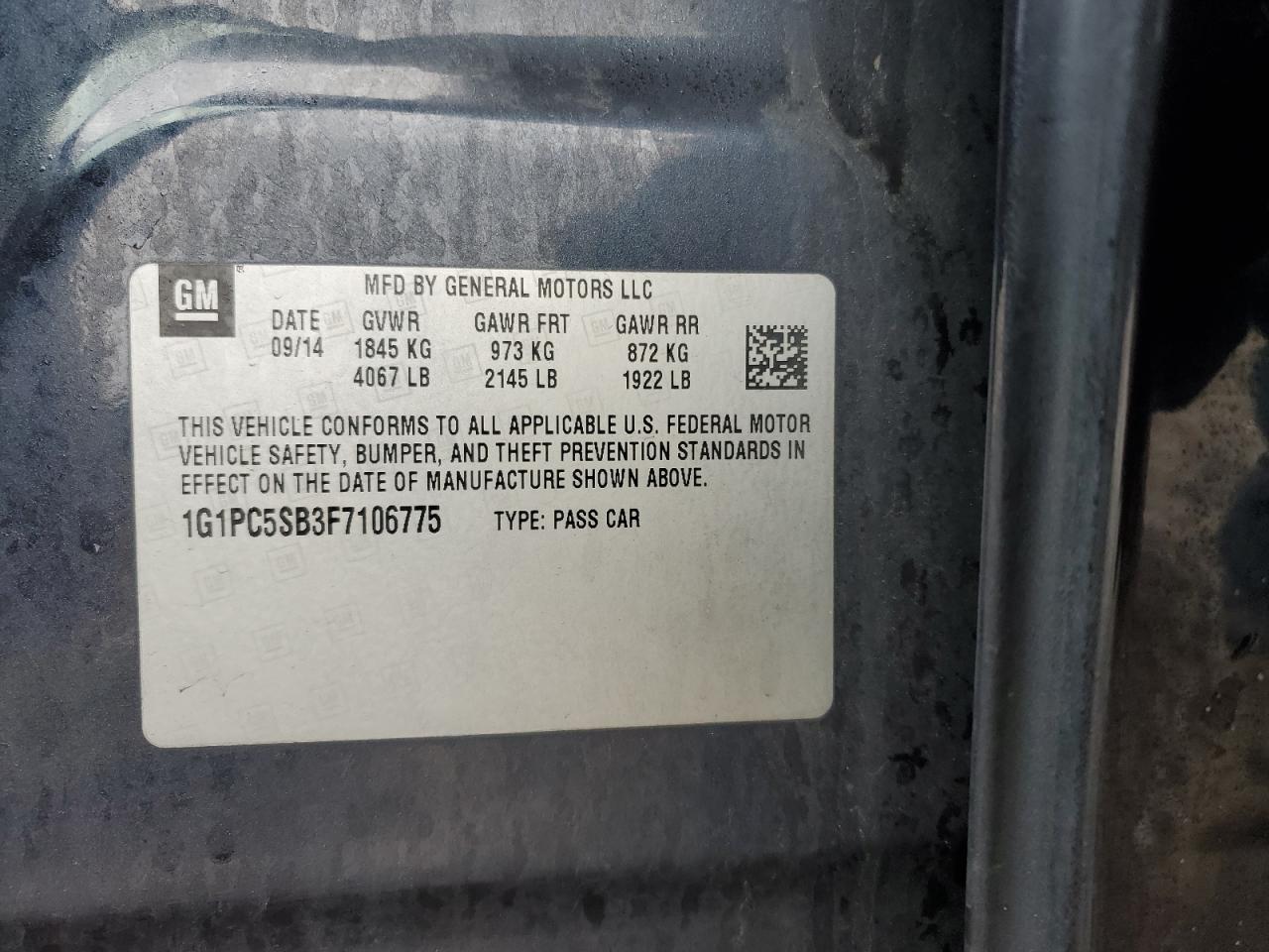 2015 Chevrolet Cruze VIN 1G1PC5SB3F7106775 Copart auction photo, rear end / side damage thumbnail 14