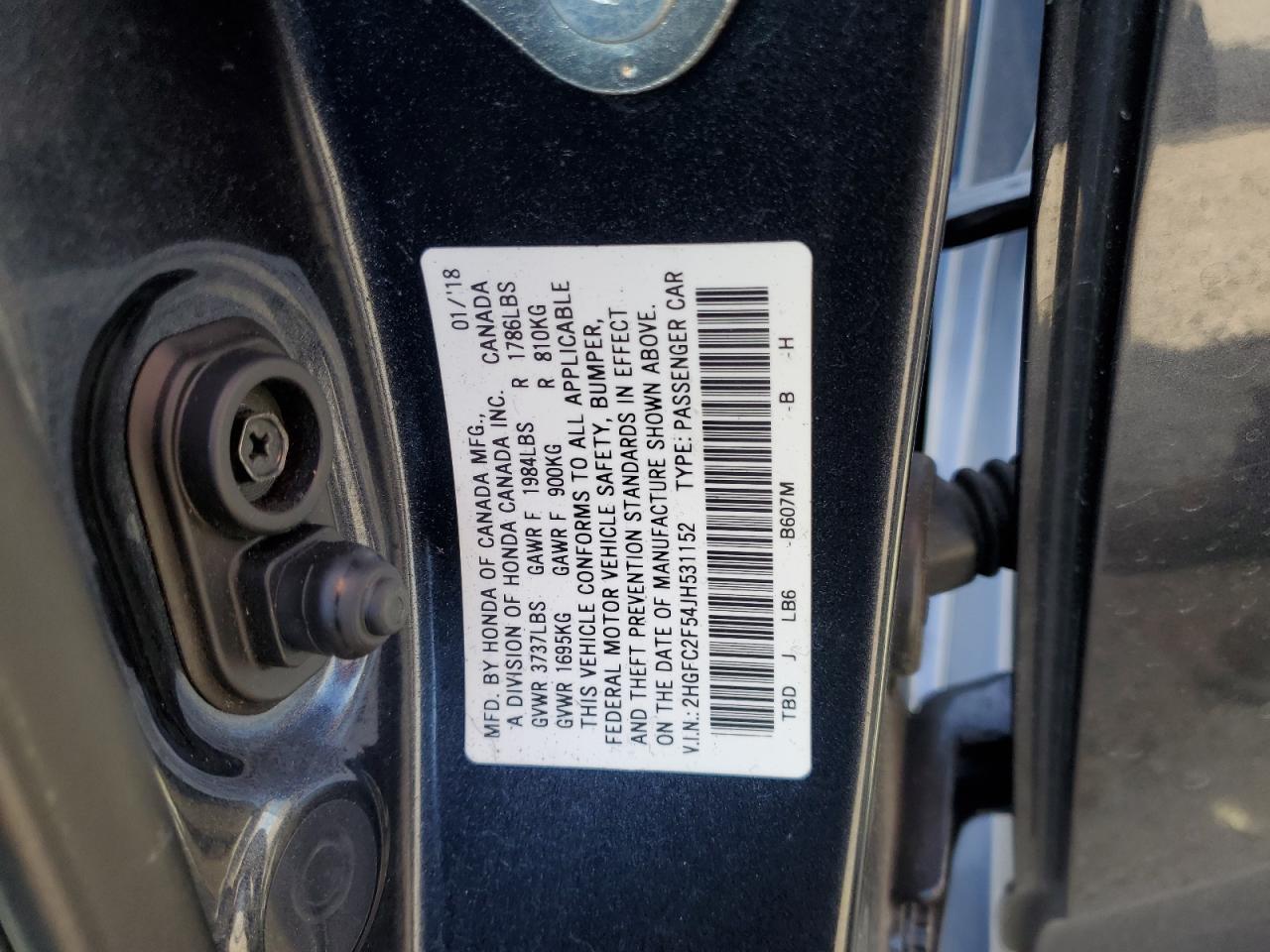 2018 Honda Civic VIN 2HGFC2F54JH531152 Copart auction photo, rear end damage thumbnail 13