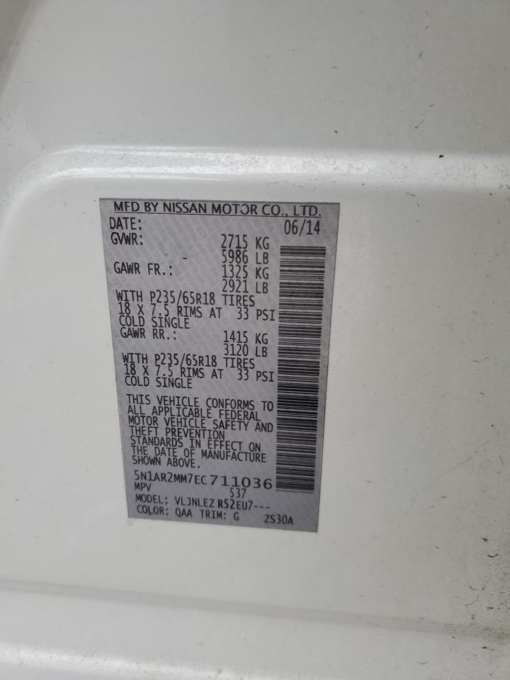 2014 Nissan Pathfinder VIN 5N1AR2MM7EC711036 Copart auction photo, rear end damage thumbnail 13