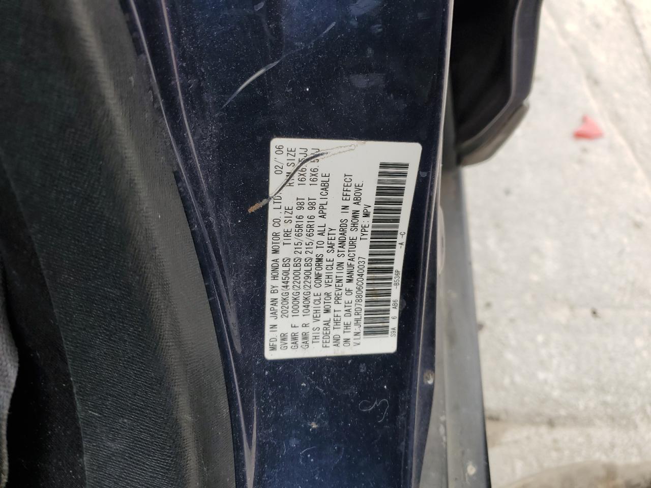 2006 Honda CR-V VIN JHLRD78806C040037 Copart auction photo, front end damage thumbnail 15