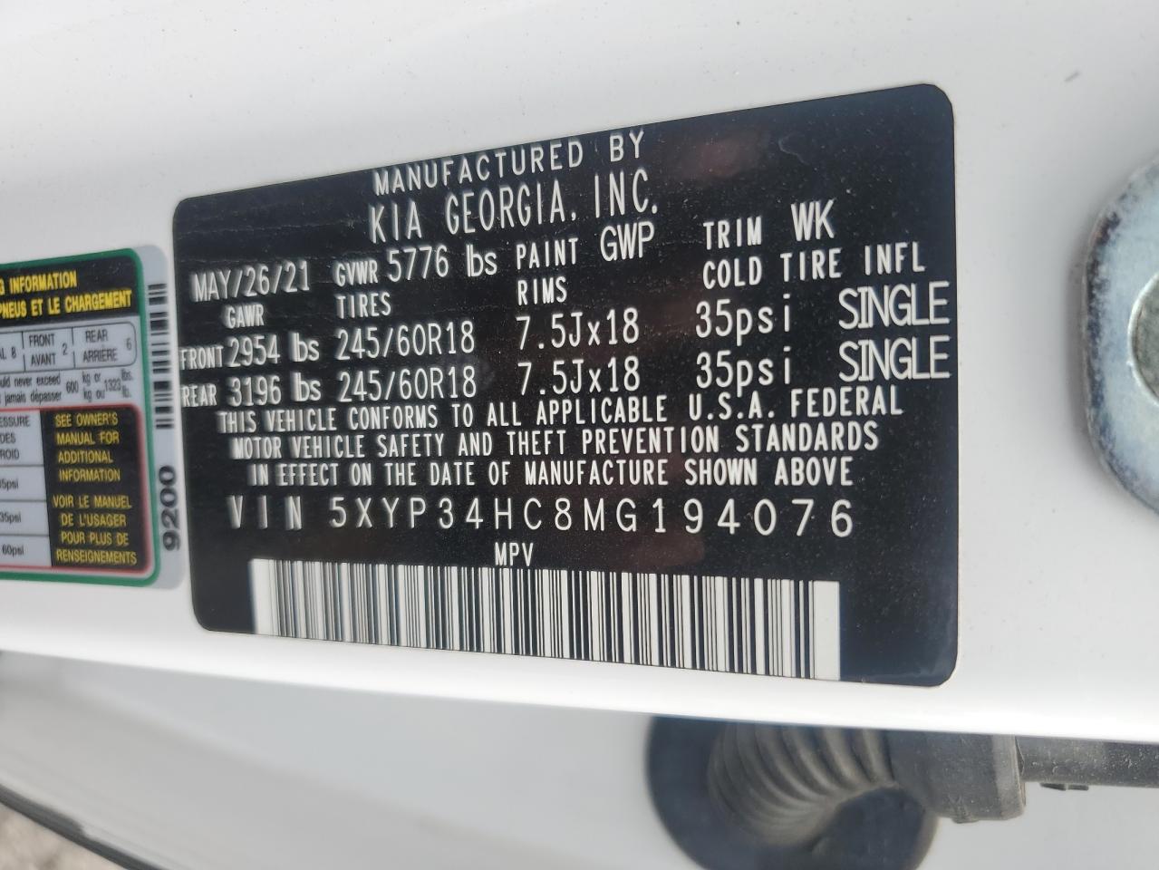 2021 KIA Telluride VIN 5XYP34HC8MG194076 Copart auction photo, rear end damage thumbnail 15