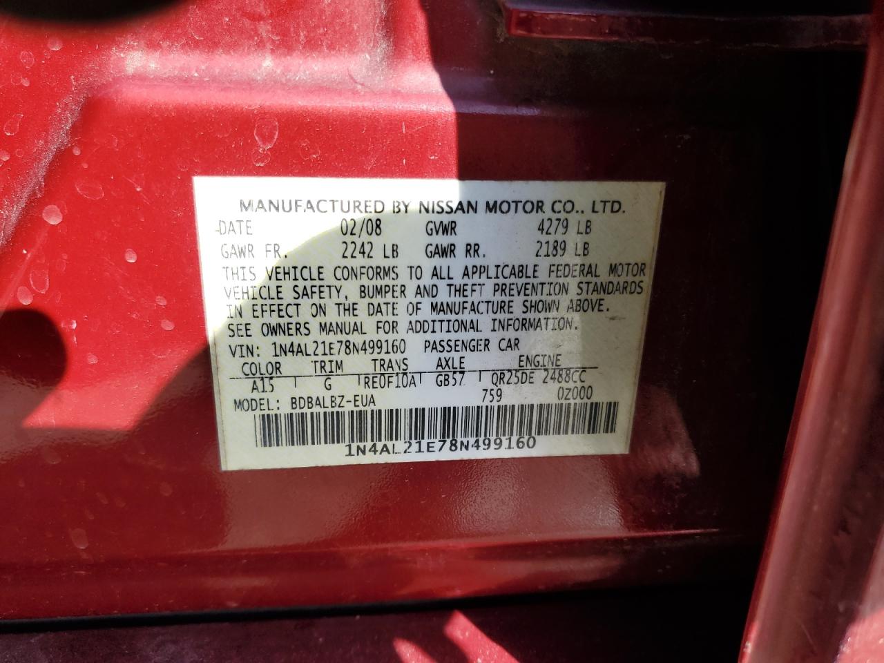 2008 Nissan Altima VIN 1N4AL21E78N499160 Copart auction photo, front end damage thumbnail 13
