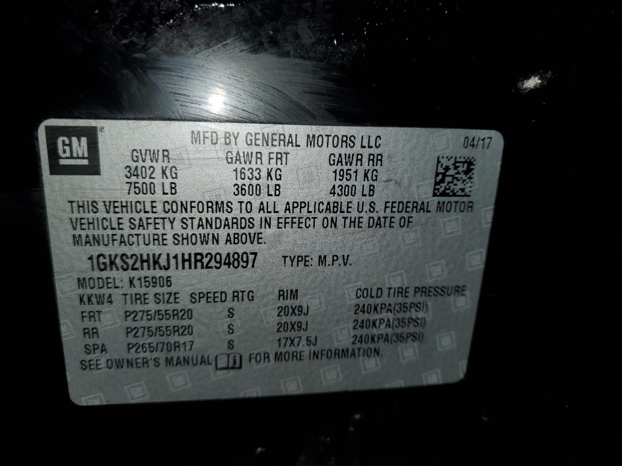 2017 GMC Yukon VIN 1GKS2HKJ1HR294897 Copart auction photo, rear end / side damage thumbnail 13