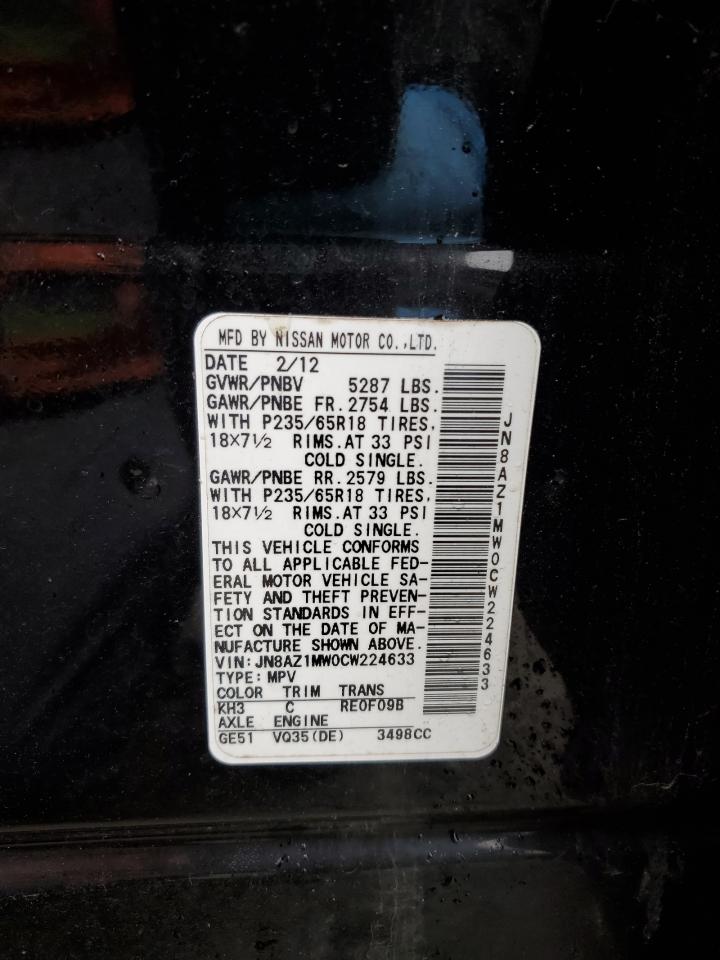 2012 Nissan Murano VIN JN8AZ1MW0CW224633 Copart auction photo, front end / side damage thumbnail 12