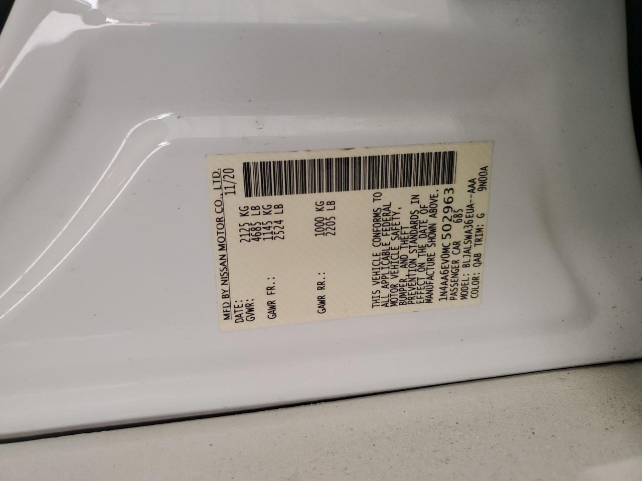 2021 Nissan Maxima VIN 1N4AA6EV0MC502963 Copart auction photo, front end damage thumbnail 12
