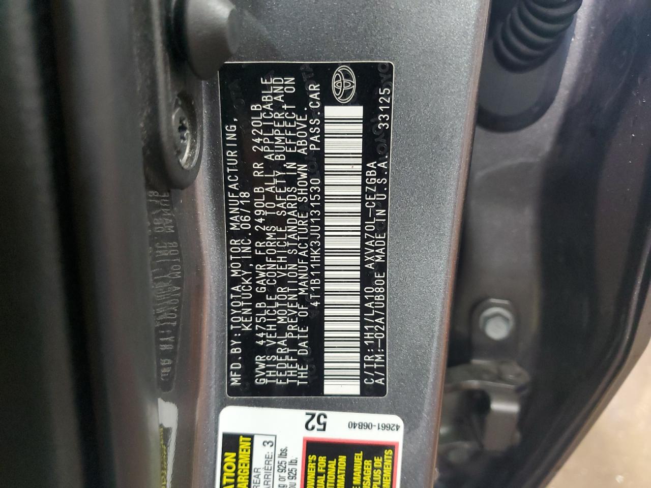 2018 Toyota Camry VIN 4T1B11HK3JU131530 Copart auction photo, front end / rear end damage thumbnail 12