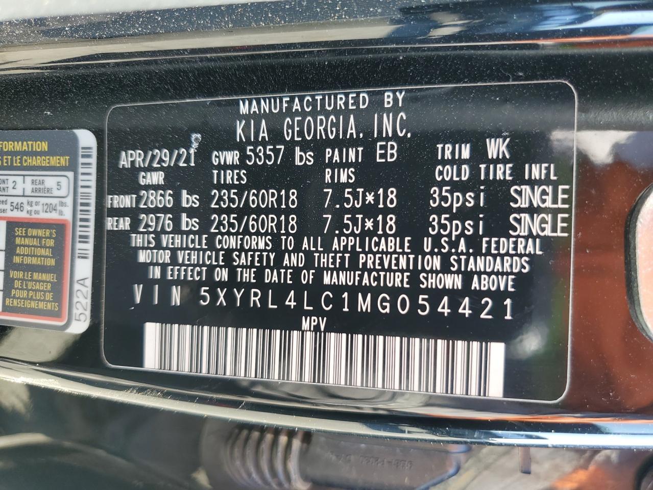 2021 KIA Sorento VIN 5XYRL4LC1MG054421 Copart auction photo, front end / side damage thumbnail 15