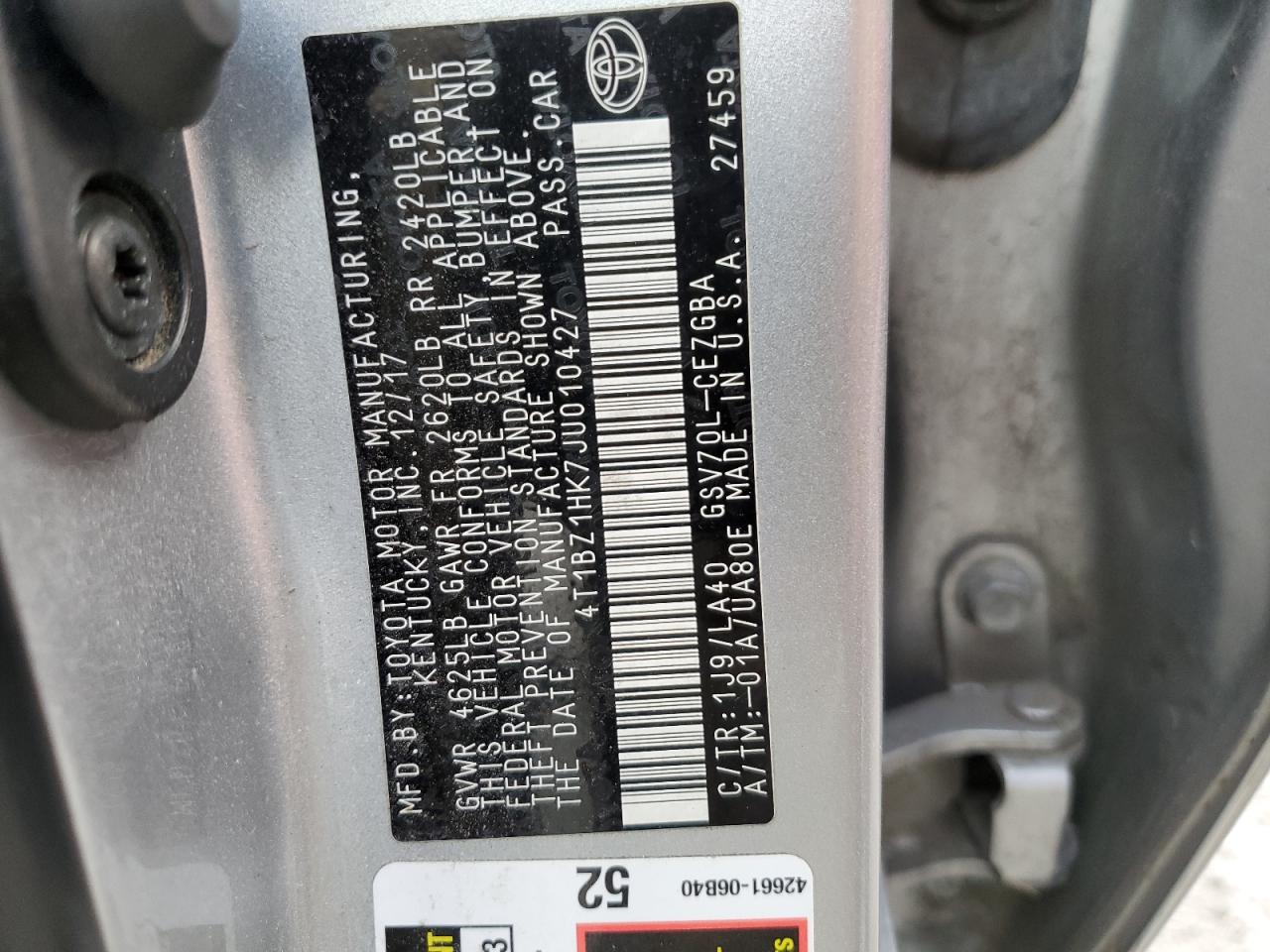 2018 Toyota Camry VIN 4T1BZ1HK7JU010427 Copart auction photo, front end damage thumbnail 12