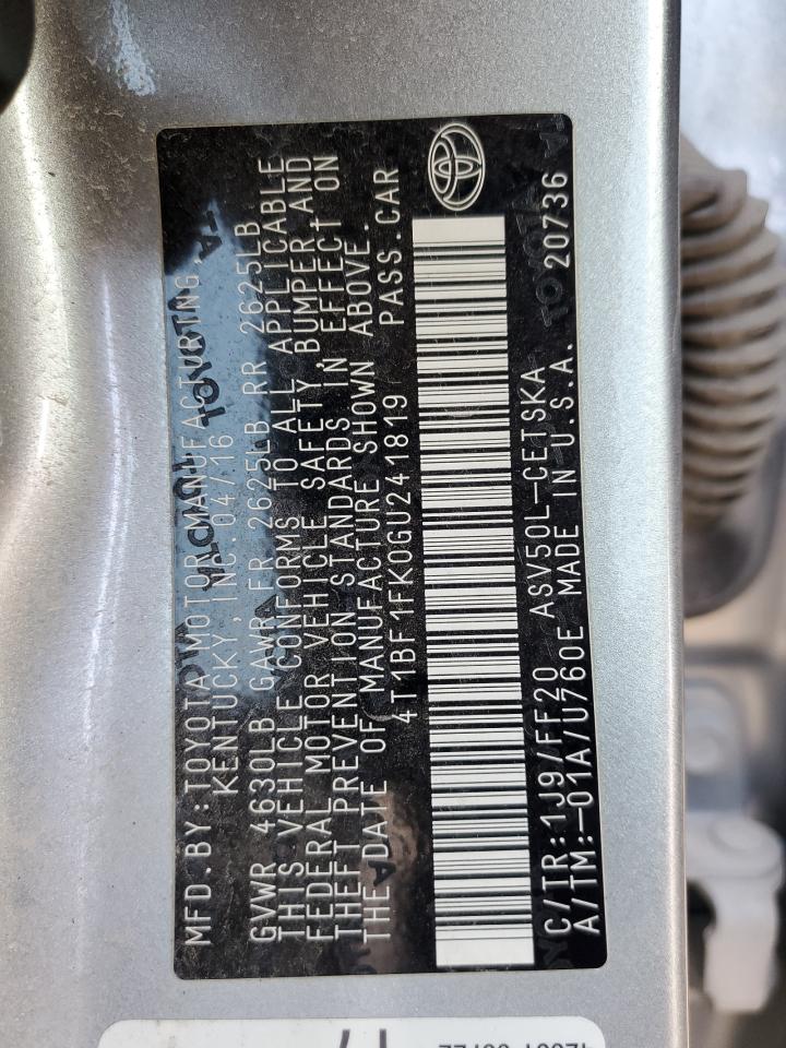 2016 Toyota Camry VIN 4T1BF1FK0GU241819 Copart auction photo, front end damage thumbnail 12