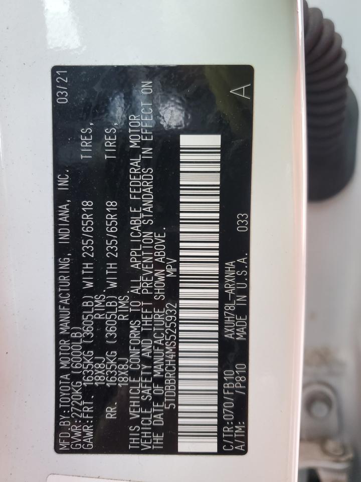 2021 Toyota Highlander VIN 5TDBBRCH4MS525932 Copart auction photo, front end / hail damage thumbnail 14