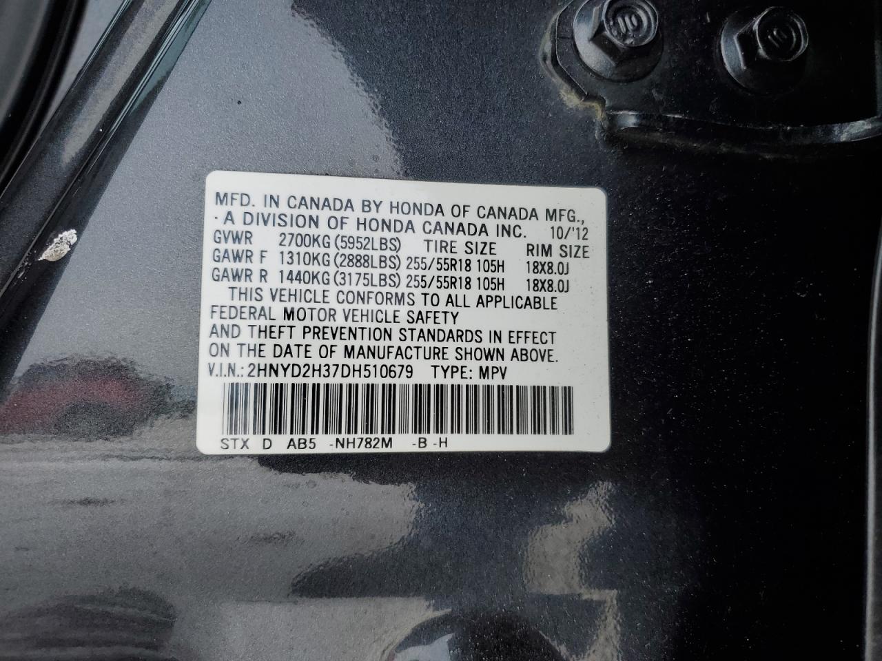 2013 Acura MDX VIN 2HNYD2H37DH510679 Copart auction photo, front end damage thumbnail 15