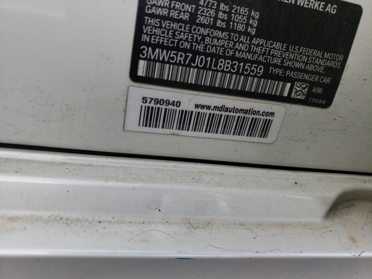 2020 BMW 3er VIN 3MW5R7J01L8B31559 Copart auction photo, front end damage thumbnail 14