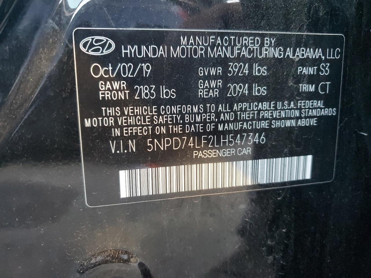 2020 Hyundai Elantra VIN 5NPD74LF2LH547346 Copart auction photo, rear end damage thumbnail 12