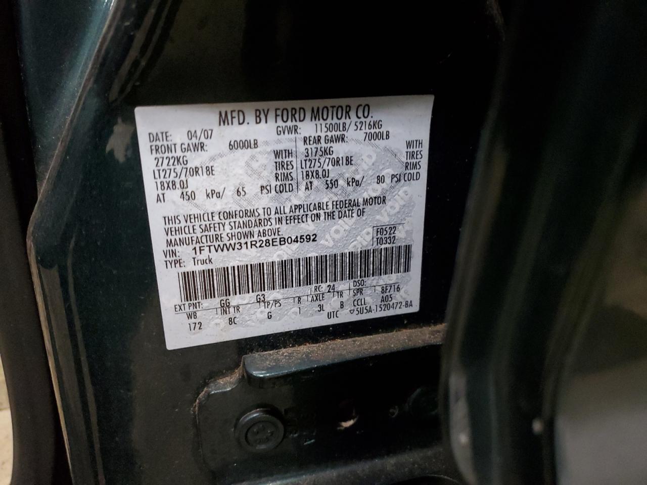 2008 Ford F350 VIN 1FTWW31R28EB04592 Copart auction photo, top/roof / front end damage thumbnail 12