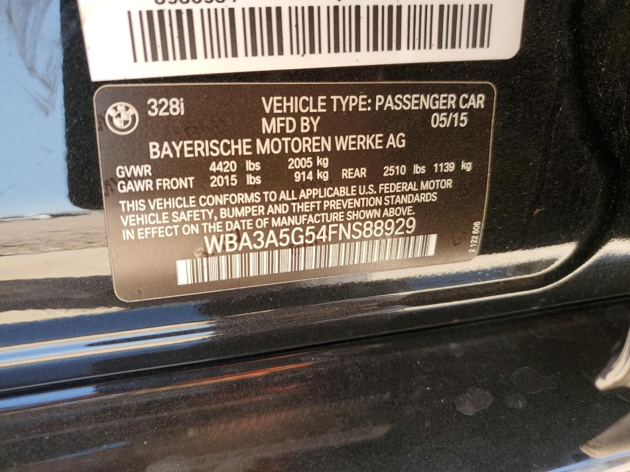 2015 BMW 3er VIN WBA3A5G54FNS88929 Copart auction photo, front end damage thumbnail 12