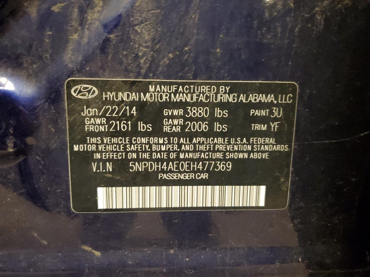 2014 Hyundai Elantra VIN 5NPDH4AE0EH477369 Copart auction photo, front end damage thumbnail 12