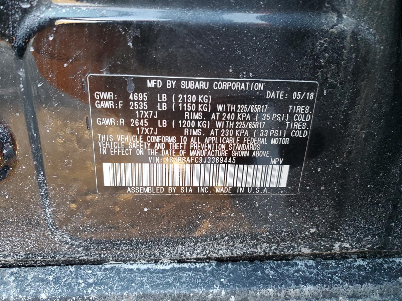 2018 Subaru Outback VIN 4S4BSAFC9J3369445 Copart auction photo, front end / side damage thumbnail 13