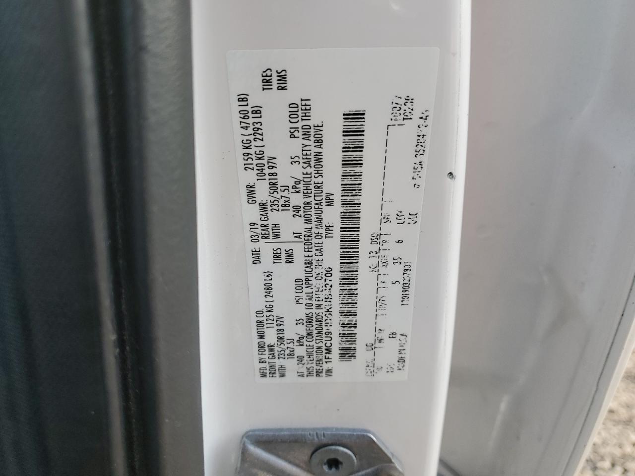 2019 Ford Escape VIN 1FMCU9HD6KUB42700 Copart auction photo, front end / side damage thumbnail 13