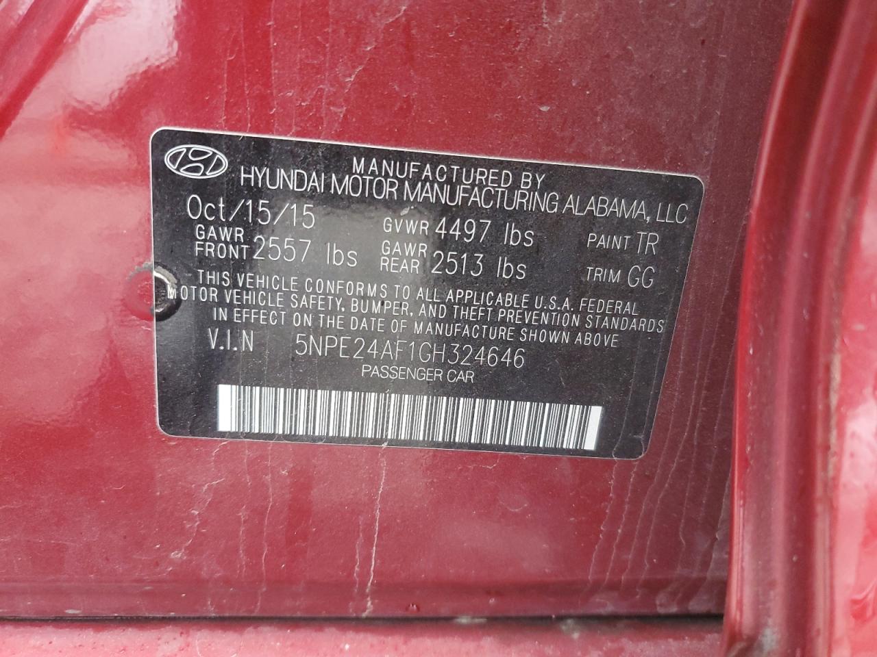2016 Hyundai Sonata VIN 5NPE24AF1GH324646 Copart auction photo, front end / side damage thumbnail 12