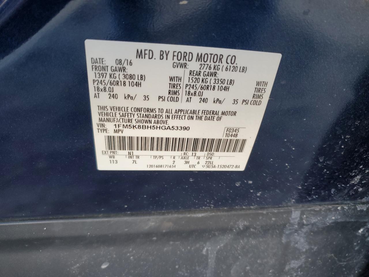 2017 Ford Explorer VIN 1FM5K8BH5HGA53390 Copart auction photo, rear end / side damage thumbnail 13