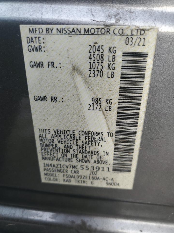 2021 Nissan Leaf VIN 1N4AZ1CV7MC553911 Copart auction photo, front end / side damage thumbnail 12