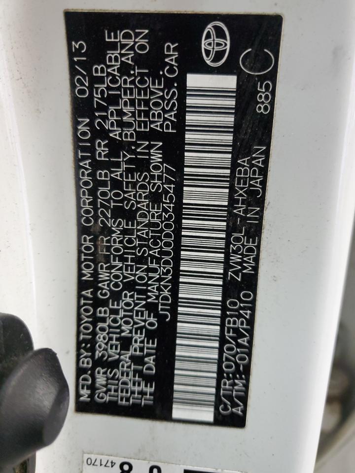 2013 Toyota Prius VIN JTDKN3DU0D0345477 Copart auction photo, front end damage thumbnail 12