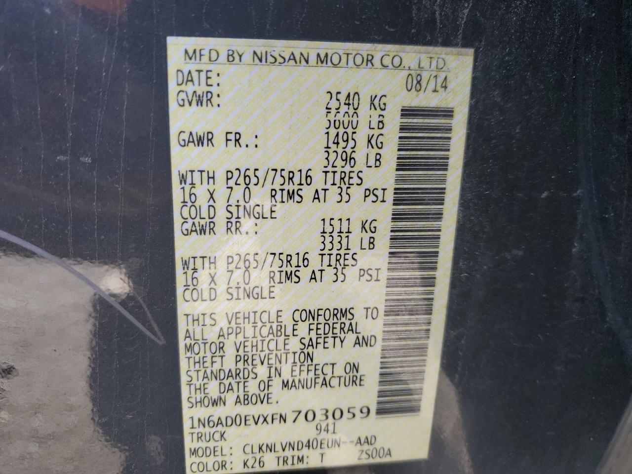 2015 Nissan Navara (Frontier) VIN 1N6AD0EVXFN703059 Copart auction photo, side / front end damage thumbnail 14
