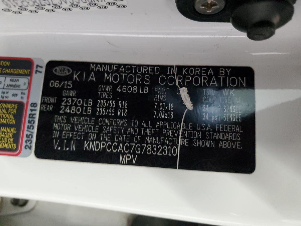 2016 KIA Sportage VIN KNDPCCAC7G7832310 Copart auction photo, front end damage thumbnail 14