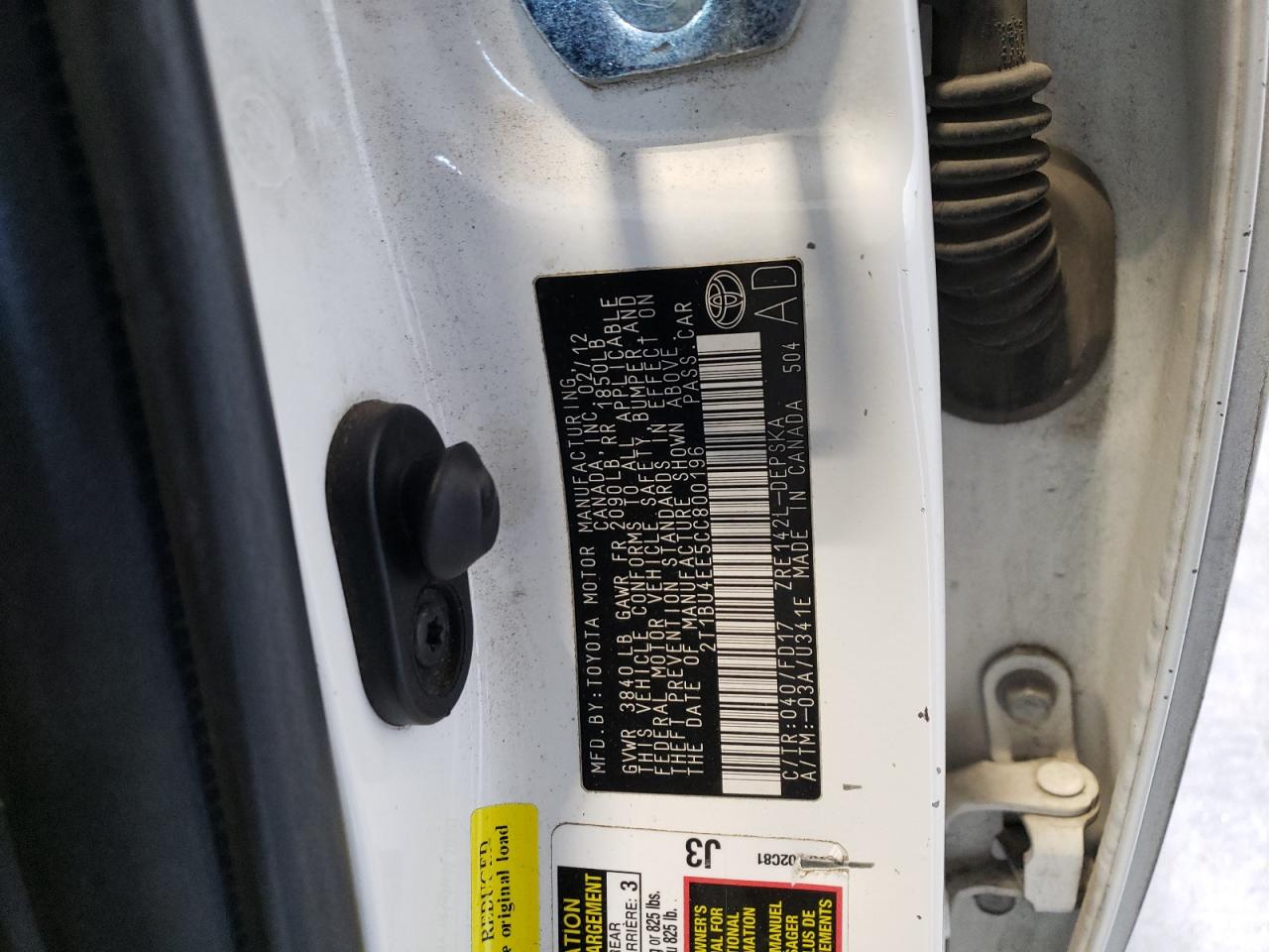 2012 Toyota Corolla VIN 2T1BU4EE5CC800196 Copart auction photo, all over / hail damage thumbnail 12