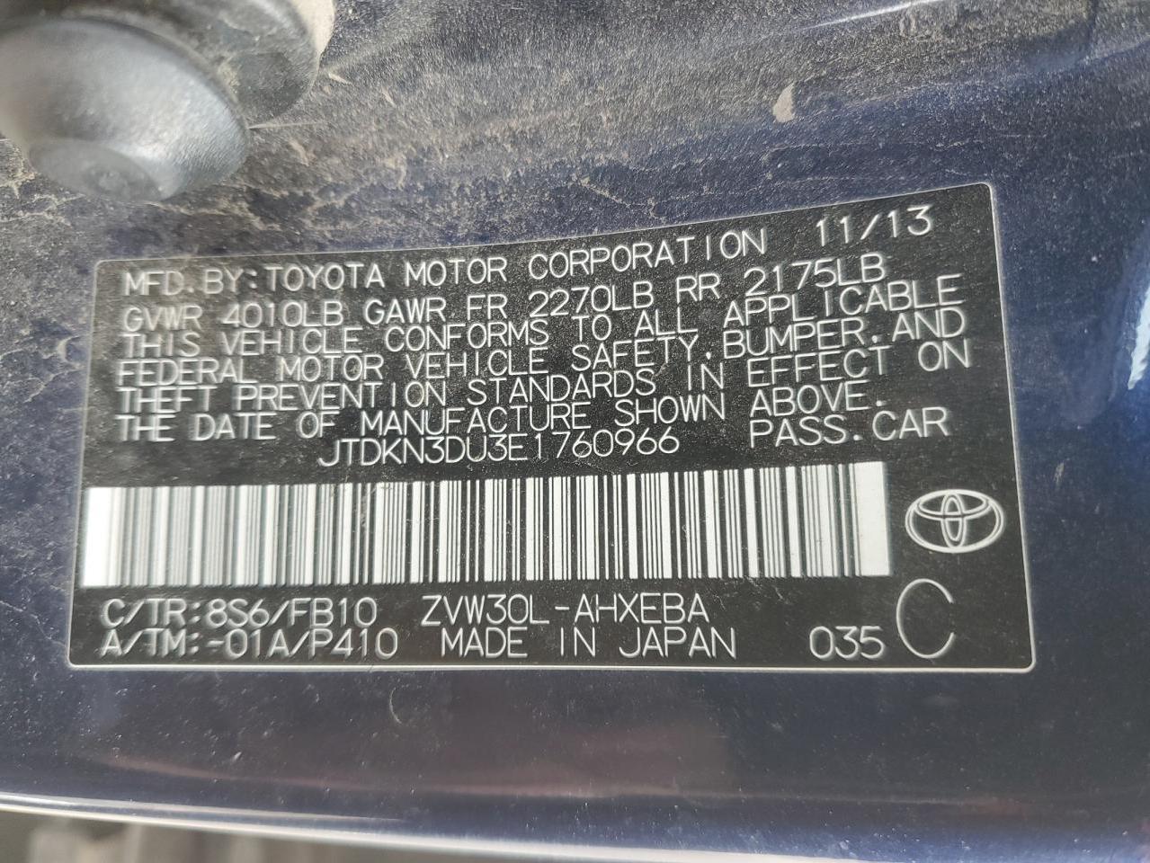 2014 Toyota Prius VIN JTDKN3DU3E1760966 Copart auction photo, rear end / front end damage thumbnail 12