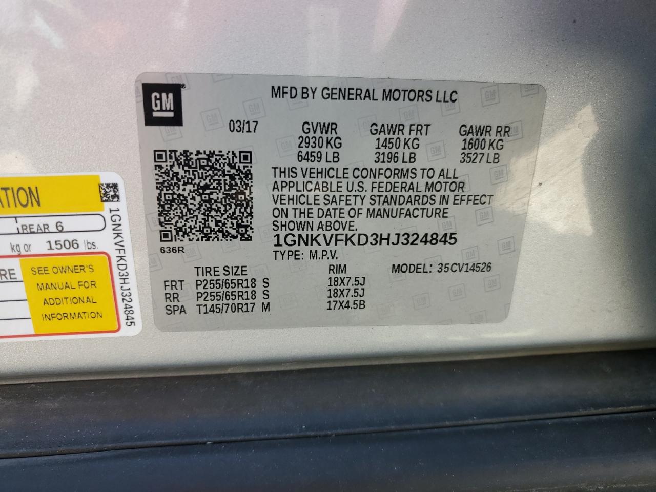 2017 Chevrolet Traverse VIN 1GNKVFKD3HJ324845 Copart auction photo, front end damage thumbnail 15