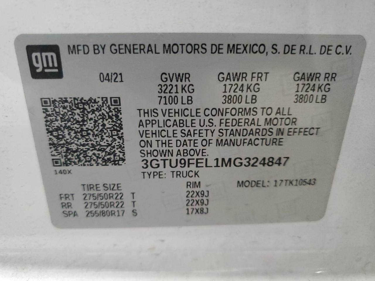 2021 GMC Sierra VIN 3GTU9FEL1MG324847 Copart auction photo, front end damage thumbnail 12