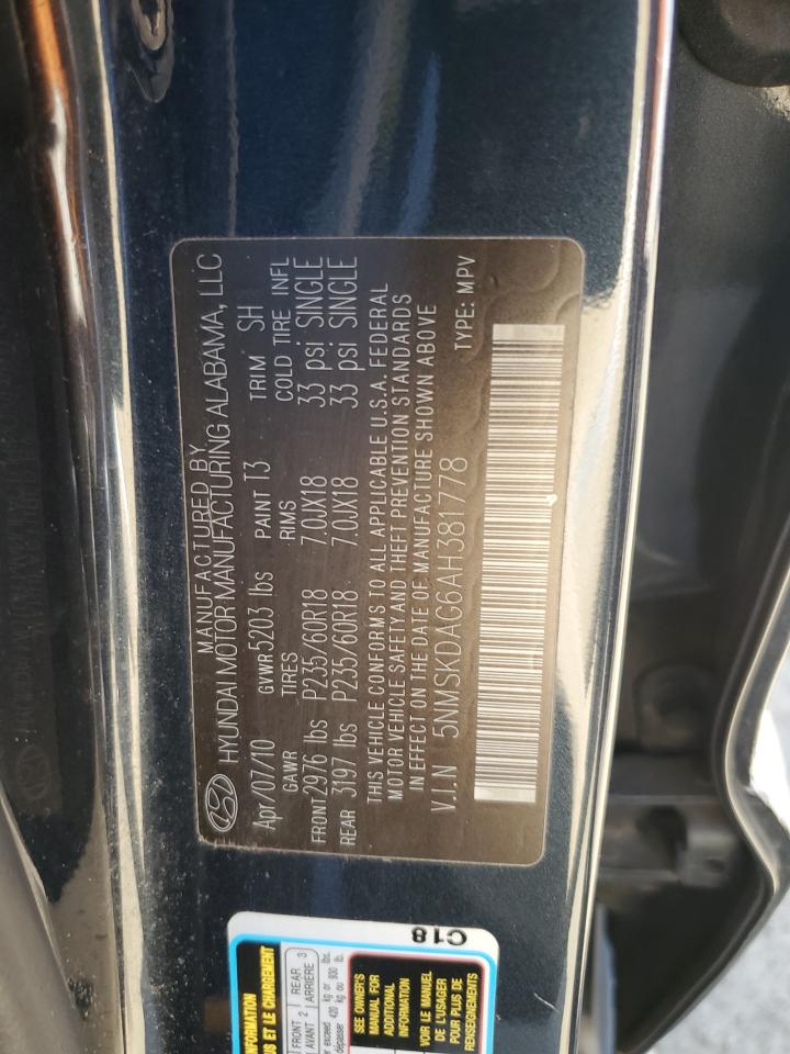 2010 Hyundai Santa Fe VIN 5NMSKDAG6AH381778 Copart auction photo, side damage thumbnail 13