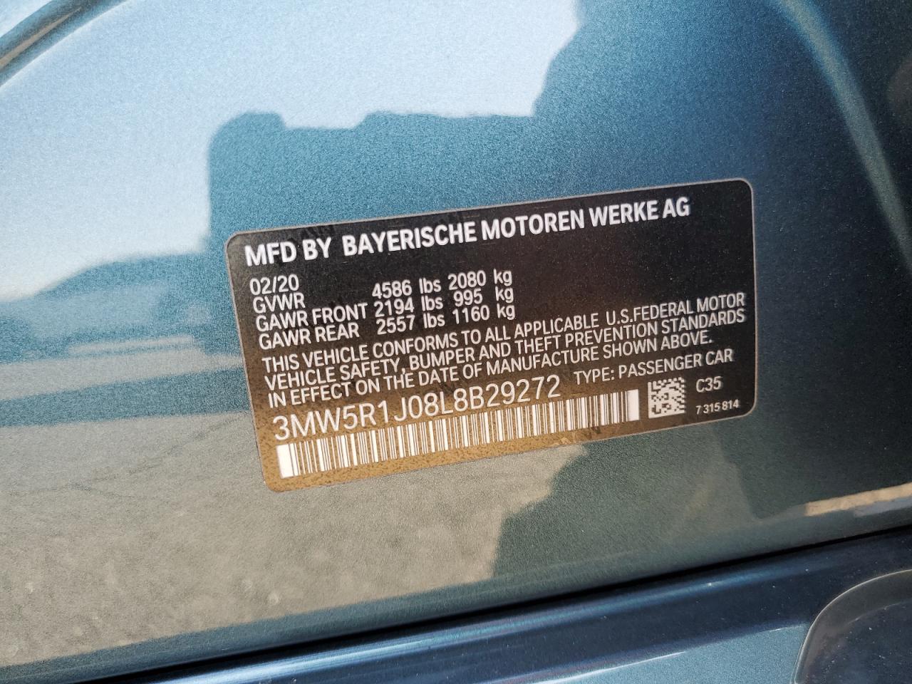 2020 BMW 3er VIN 3MW5R1J08L8B29272 Copart auction photo, vandalism damage thumbnail 12