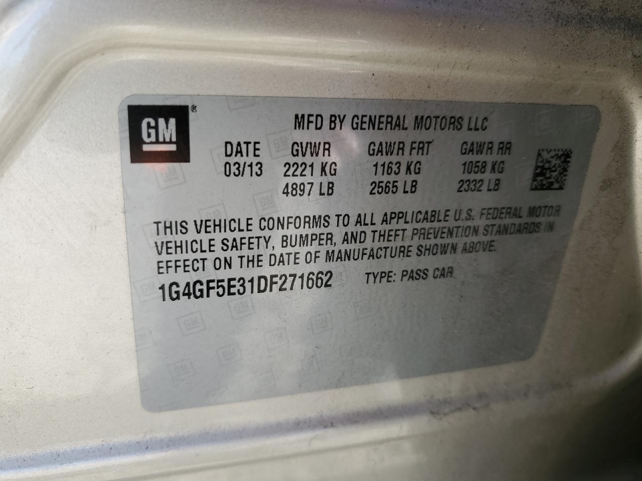 2013 Buick LaCrosse VIN 1G4GF5E31DF271662 Copart auction photo, front end / minor dent/scratches damage thumbnail 15