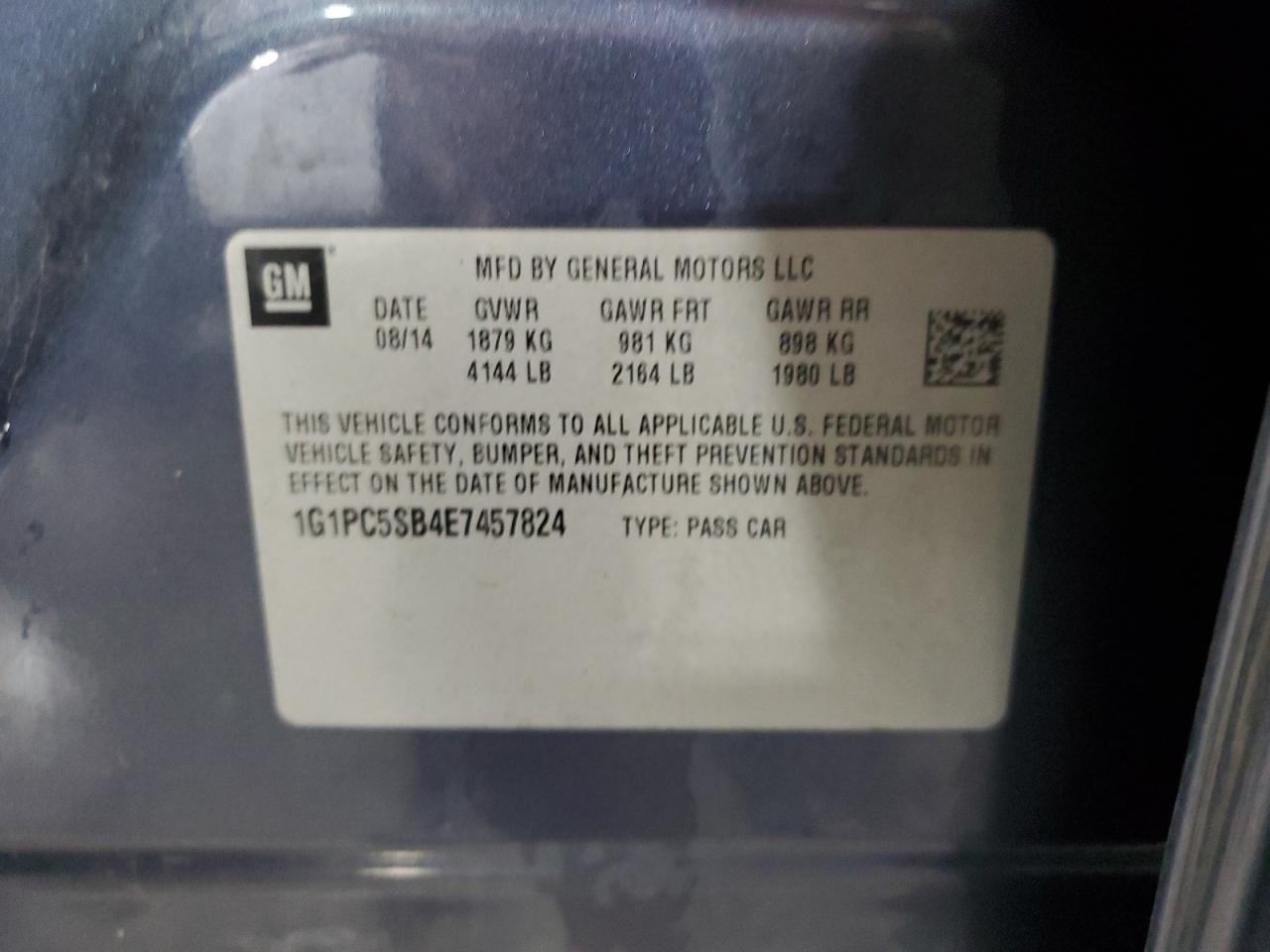 2014 Chevrolet Cruze VIN 1G1PC5SB4E7457824 Copart auction photo, front end / rear end damage thumbnail 14