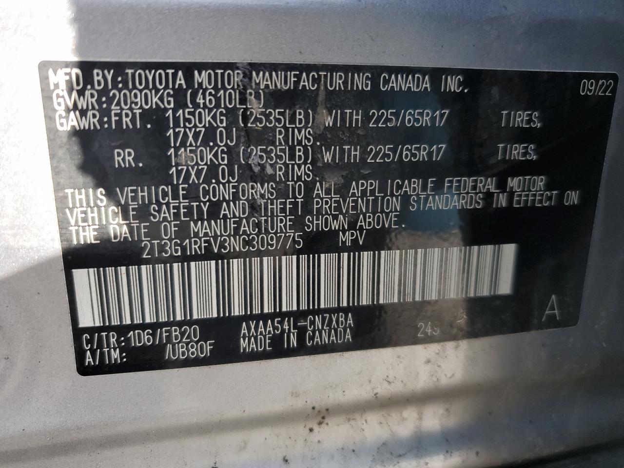 2022 Toyota RAV 4 VIN 2T3G1RFV3NC309775 Copart auction photo, rollover damage thumbnail 13