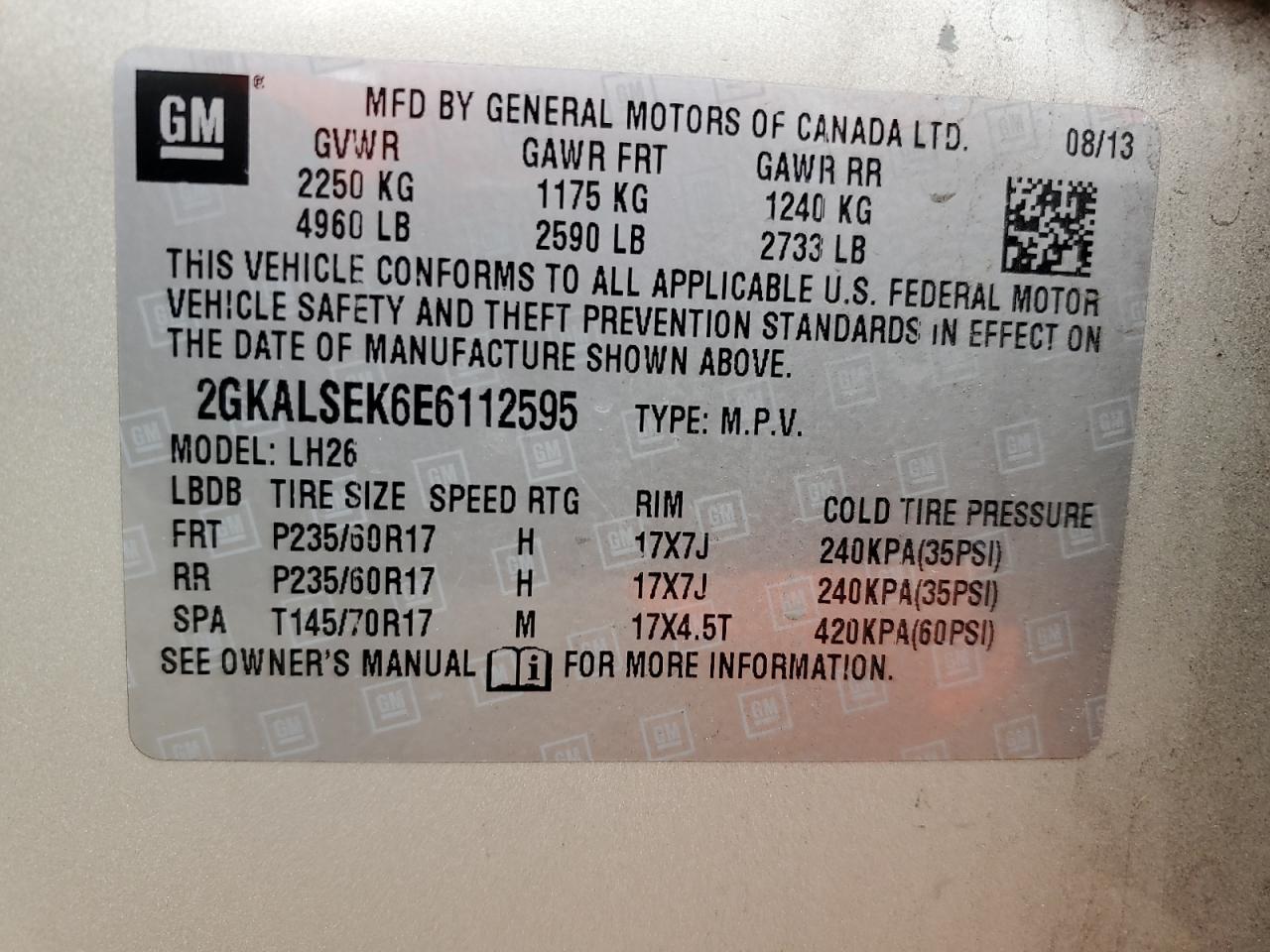 2014 GMC Terrain VIN 2GKALSEK6E6112595 Copart auction photo, front end damage thumbnail 13