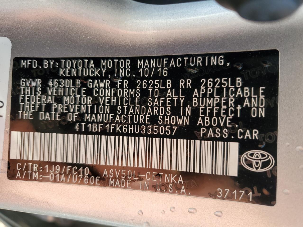 2017 Toyota Camry VIN 4T1BF1FK6HU335057 Copart auction photo, front end damage thumbnail 14