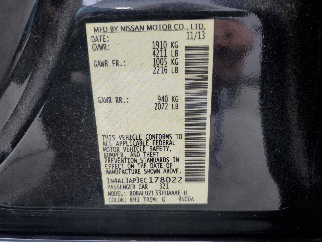 2014 Nissan Altima VIN 1N4AL3AP3EC178022 Copart auction photo, front end / rear end damage thumbnail 12