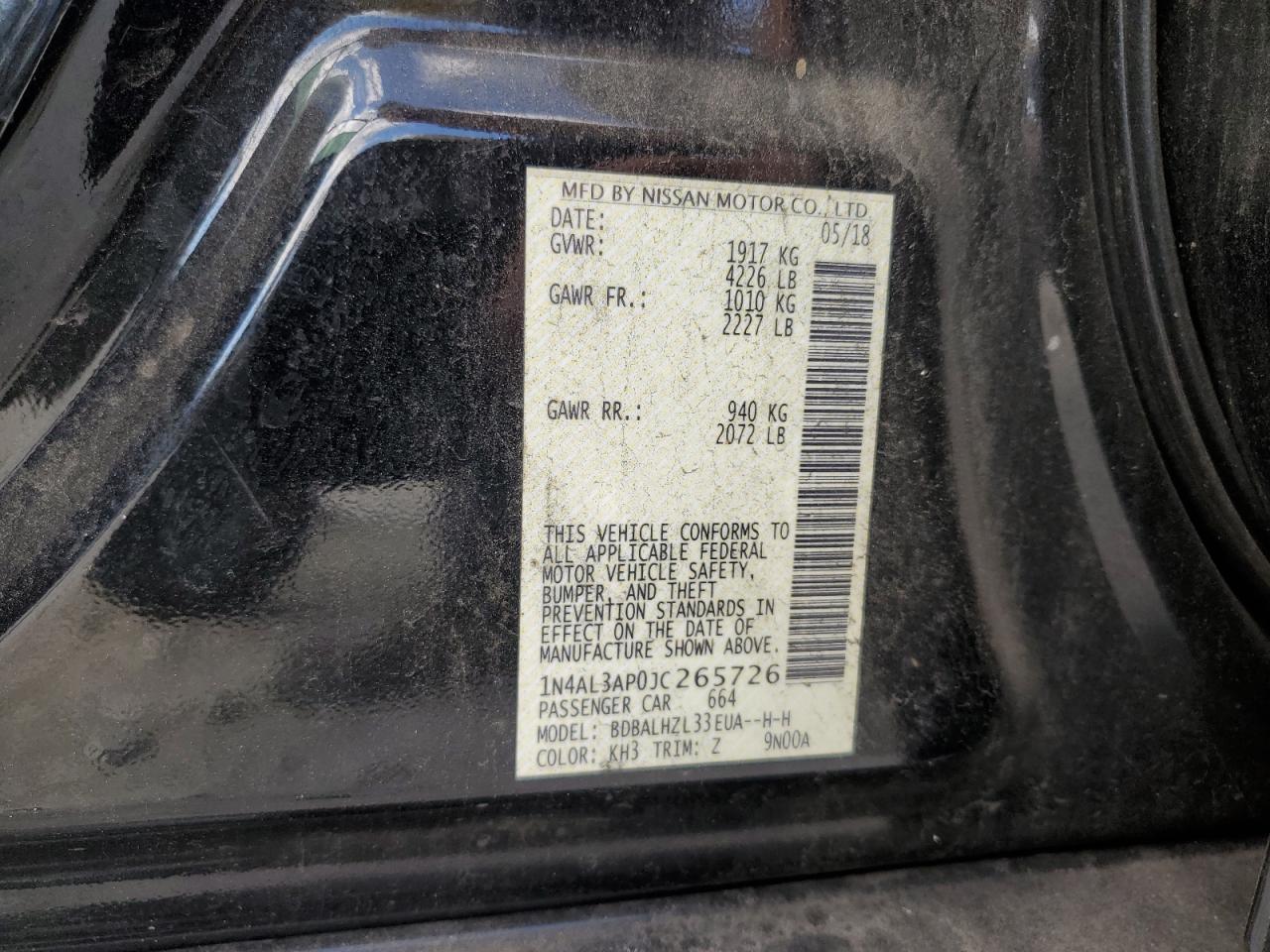 2018 Nissan Altima VIN 1N4AL3AP0JC265726 Copart auction photo, all over / minor dent/scratches damage thumbnail 13