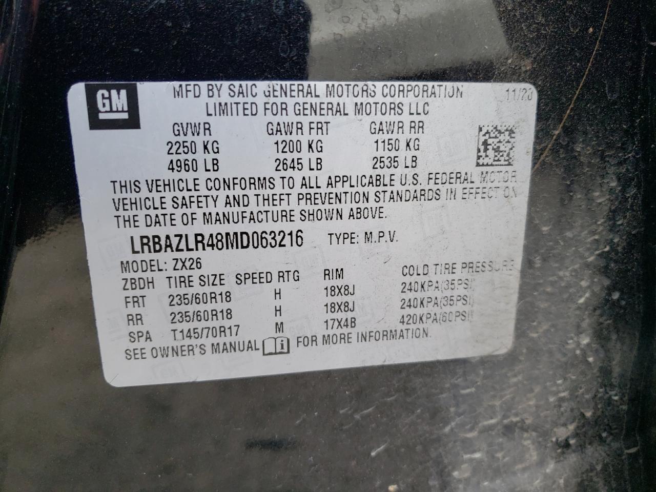 2021 Buick Envision VIN LRBAZLR48MD063216 Copart auction photo, front end damage thumbnail 14