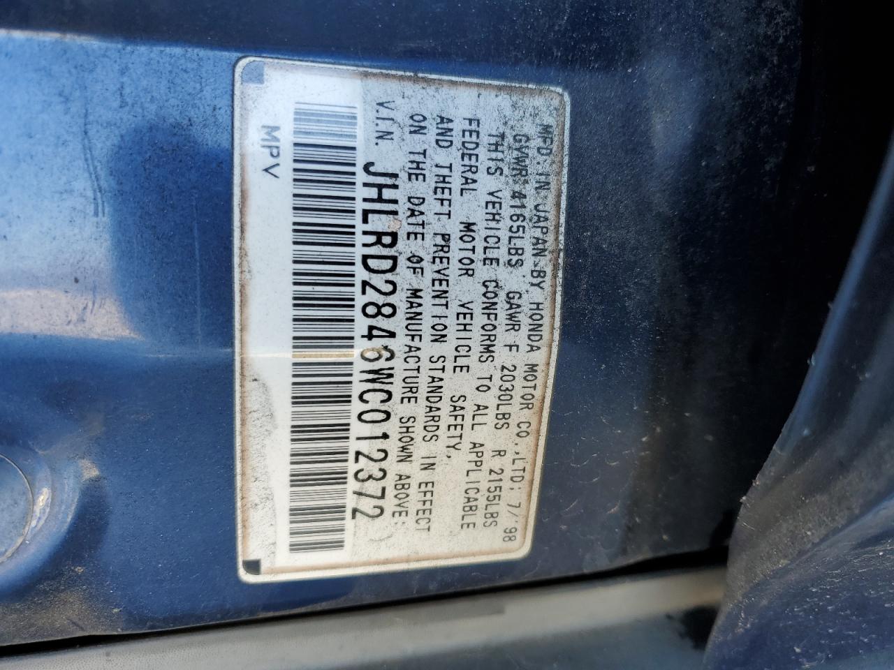 1998 Honda CR-V VIN JHLRD2846WC012372 Copart auction photo, front end / minor dent/scratches damage thumbnail 13
